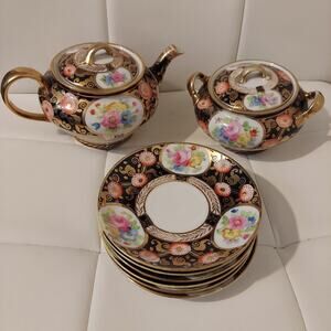 *RARE* Vintage Nippon White Porcelain Hand Painted Floral Tea & Dessert Set
